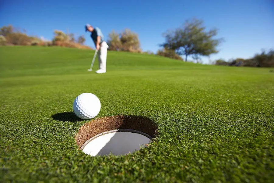 Male golfer putting on golf course Male golfer putting on golf course